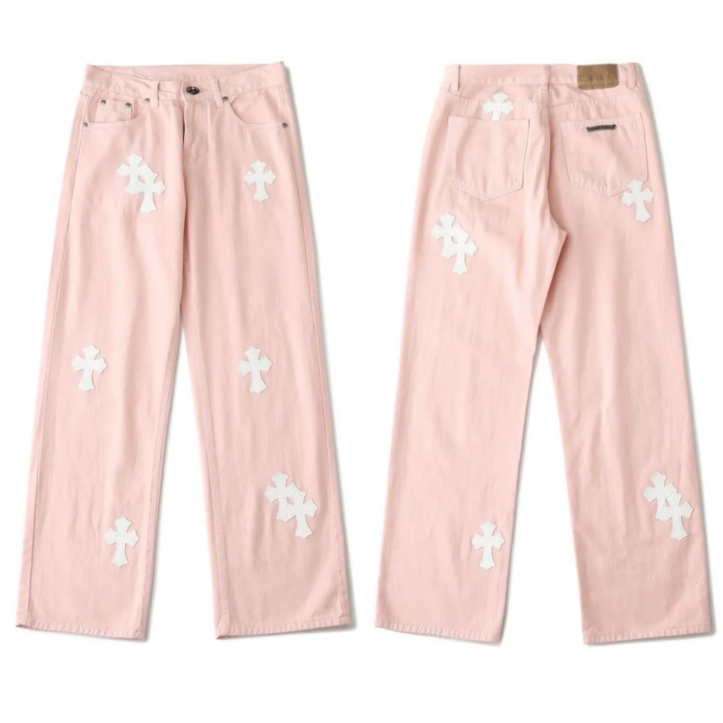P270 💰 (Top version) Chrome hearts | CH Chrome hearts limited edition cherry blossom pink leather jeans for girls. Charming dopamine personality jeans. Indispensable for fashionistas. The same style for celebrities. A model touted by many bloggers. This new pair of pants is perfect both in shape and upper body. It is no exaggeration to say that making a pair of jeans is equivalent to making 20 pieces of short-sleeves. The fabric is made of high-quality imported denim. It has a unique high-end texture. I am very satisfied with it after washing and proofing several times. Color: Sakura pink Size: 28-30-32-34 (corresponds to S-M-L-XL)
